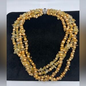 Ross Simons 4 Row Twisted Gold Freshwater Pearl & Citrine Necklace 6–6.5mm